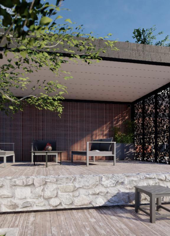 Akena Poolhouse - Aluminium noir - Terrasse en pierre